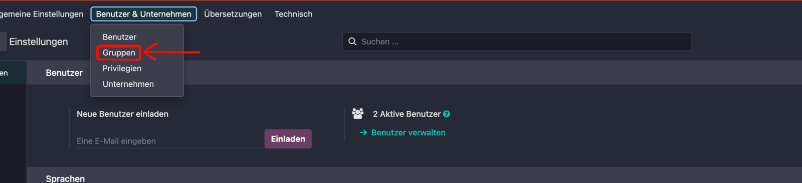 Odoo-Menü Benutzer und Unternehmen mit markiertem Eintrag Gruppen