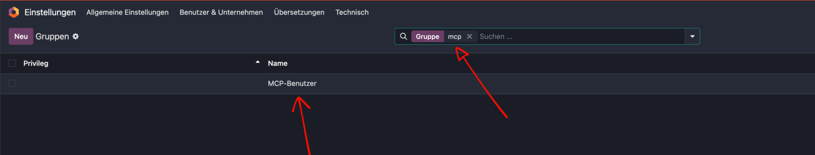 Odoo-Gruppenliste mit Suche nach der Gruppe MCP-Benutzer