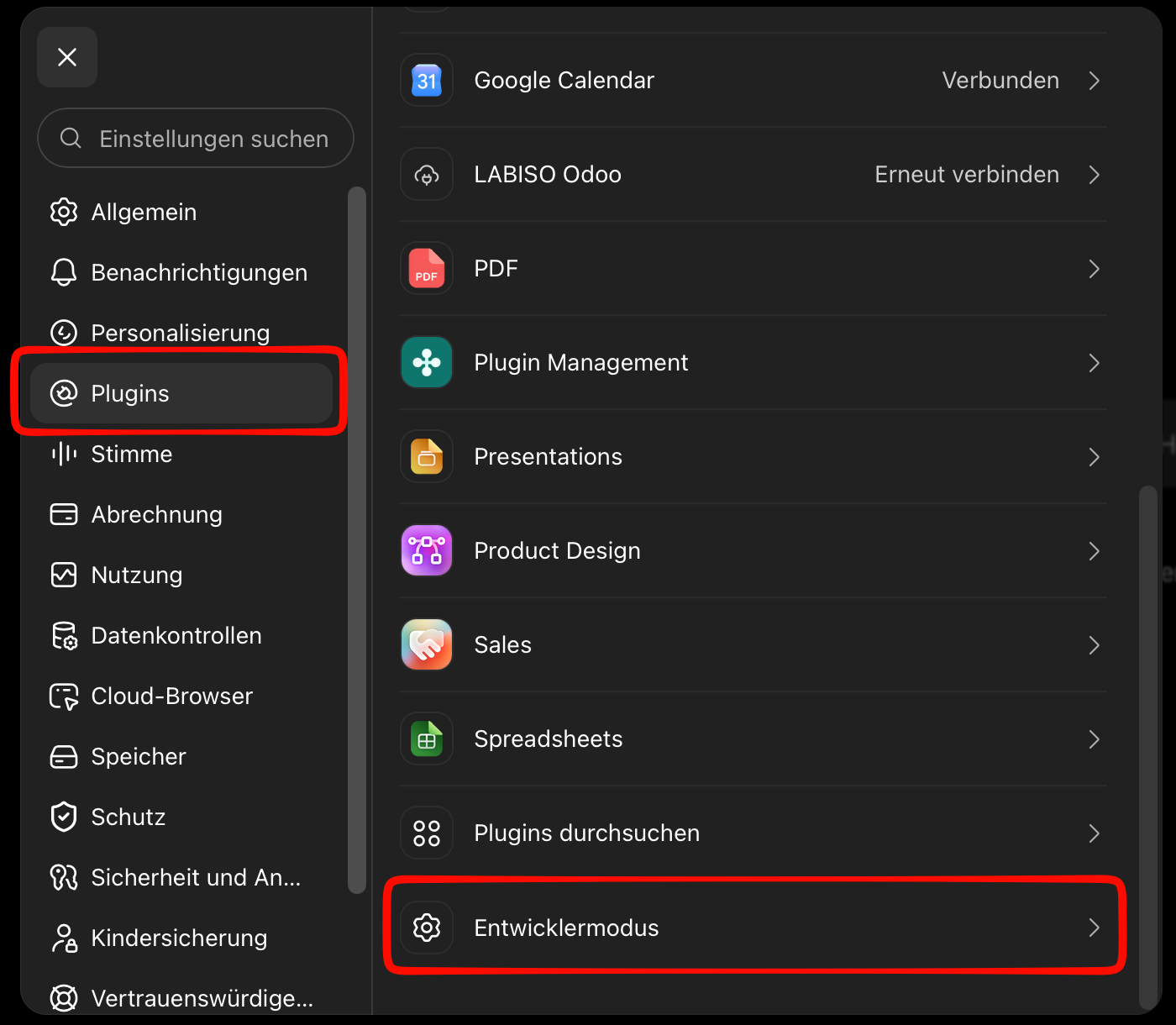 ChatGPT-Einstellungen mit markierten Bereichen Plugins und Entwicklermodus