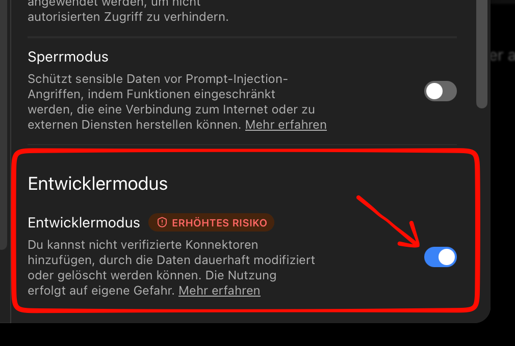 Aktivierter Entwicklermodus in den ChatGPT-Einstellungen