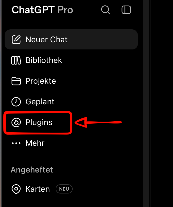 ChatGPT-Navigation mit markiertem Menüpunkt Plugins