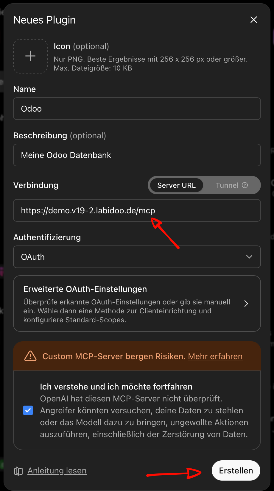 ChatGPT-Dialog Neues Plugin mit Odoo-MCP-Adresse und OAuth