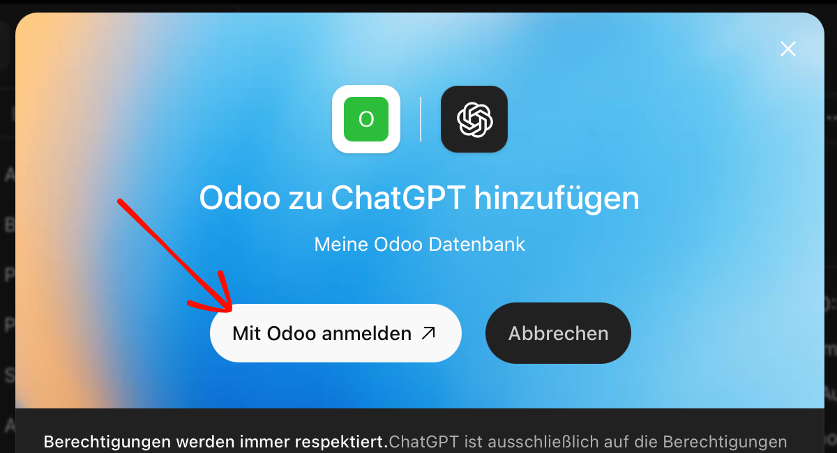 ChatGPT-Dialog Odoo hinzufügen mit Schaltfläche Mit Odoo anmelden