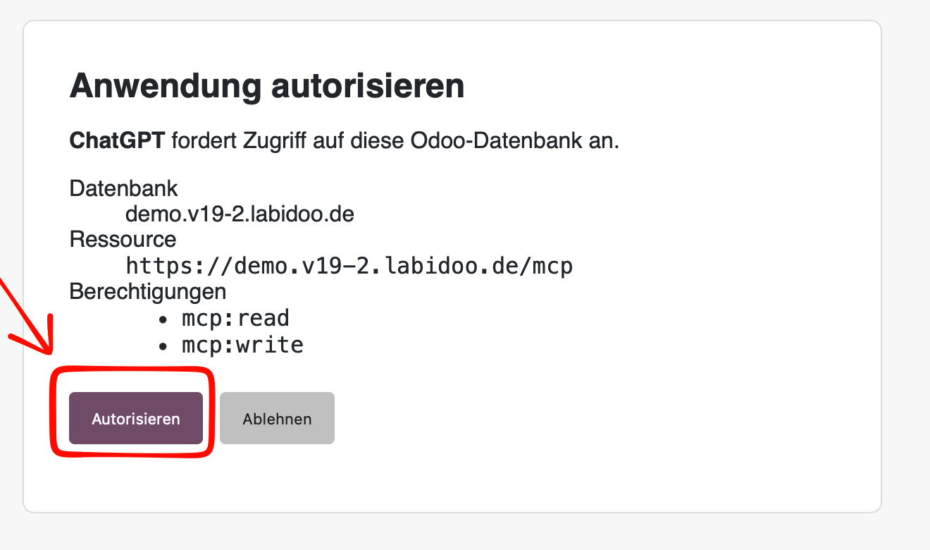 Odoo-OAuth-Seite mit markierter Schaltfläche Autorisieren