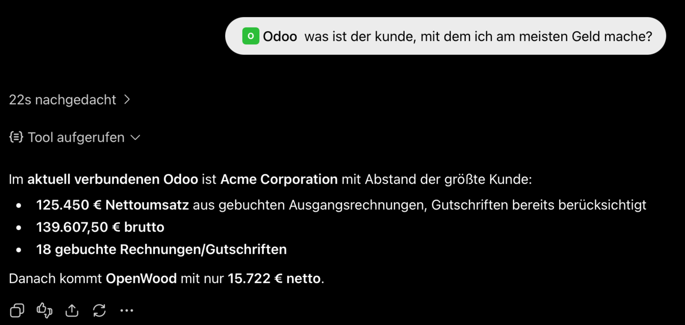 ChatGPT-Demoantwort mit einer direkt aus Odoo ermittelten Kundenauswertung